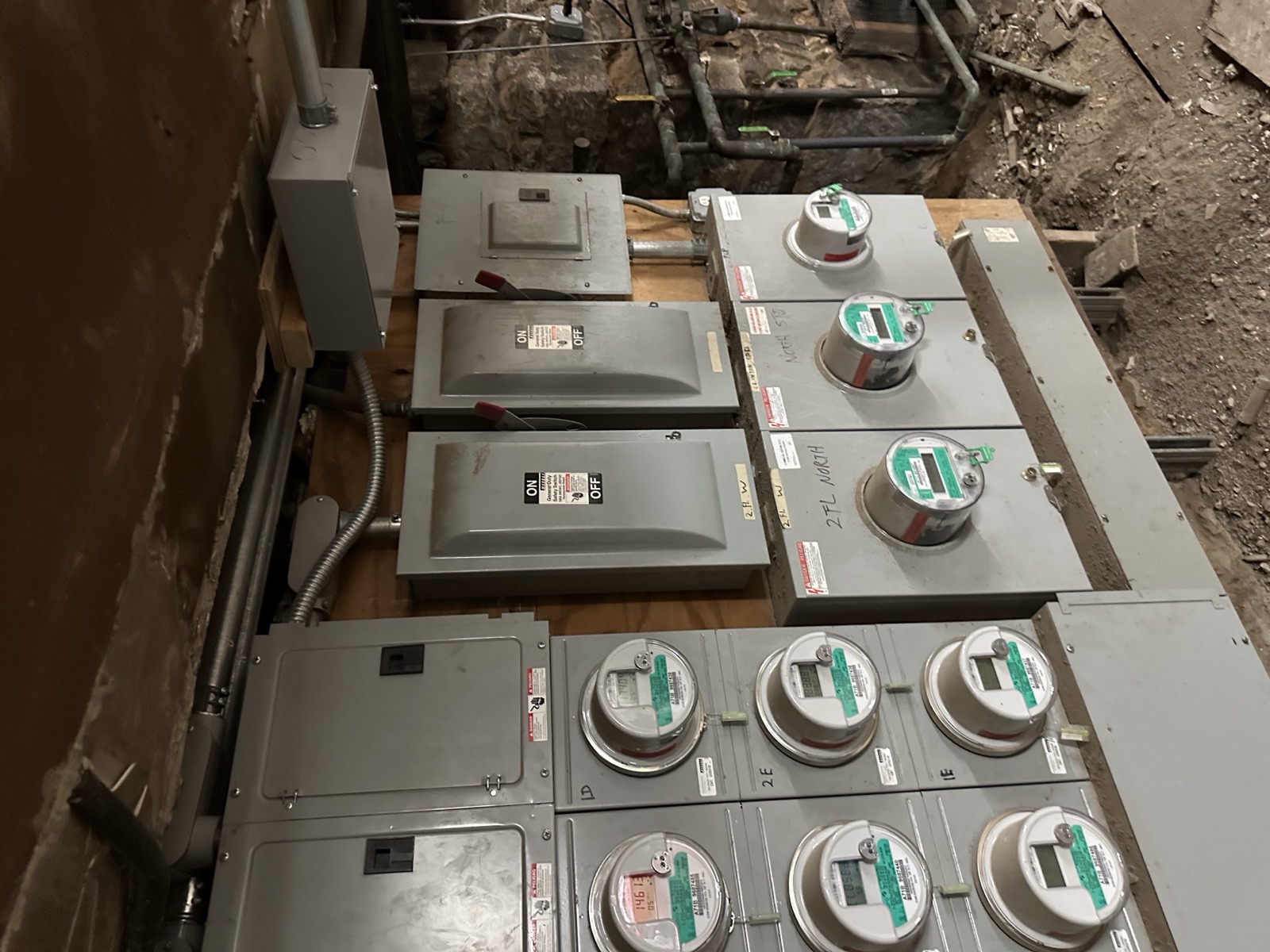 Electrical service equipment photographed during renovation at 84 Clinton in Manhattan.
